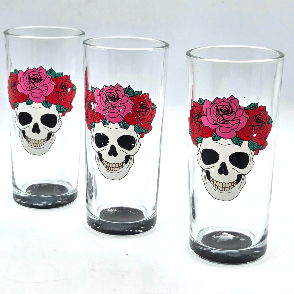 Day Of The Dead Sugar Skull Drinking Glasses 14 Oz Set Of 3 Red & Pink Roses